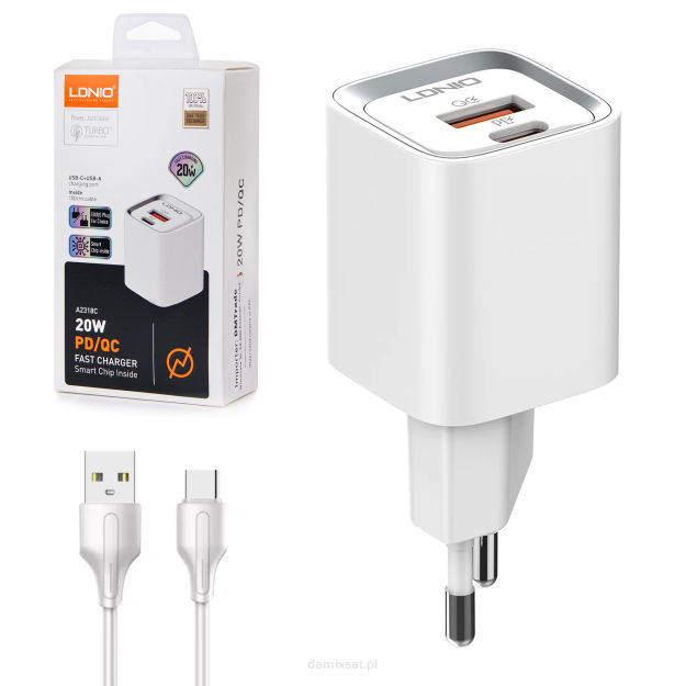 Ładowarka USB 20W PD QC3.0 kabel USB-A USB-C